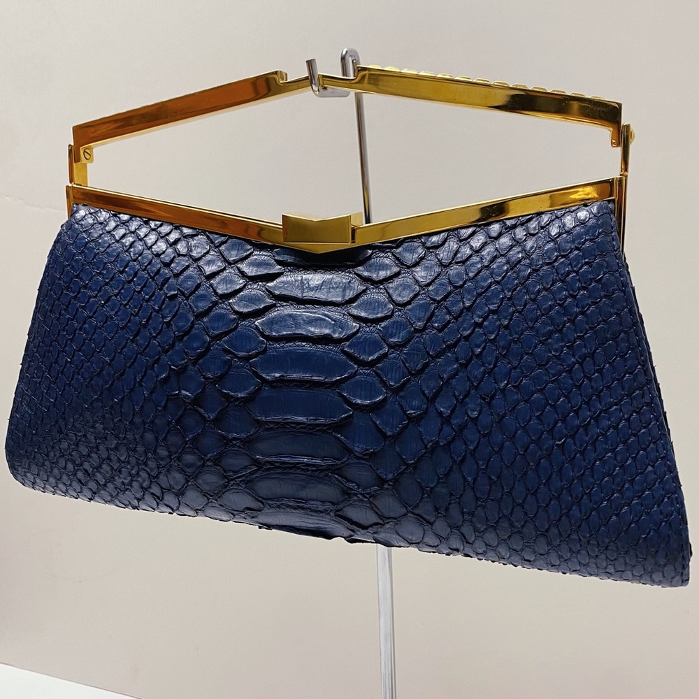 J. Mendel Paris Minuit Navy Blue Gold Python Snakeskin Top Handle Clutch Bag